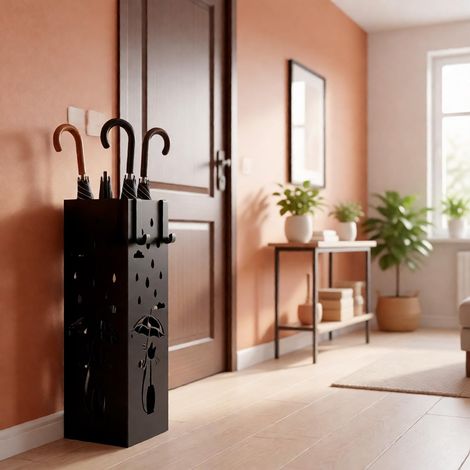 Arreditaly Portaombrelli In Metallo Con Decorazione Gatto Vaschetta Scolapioggia Removibile E 2 Ganci Laterali Base Antiscivolo Stand Quadrato Design Per Ingresso Casa E Ufficio 49 x 15.5 x 15.5 Cm - (1/5)
