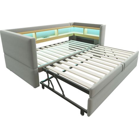 Lit rembourré canapé-lit extensible 90/180 x 190 cm gris clair avec LED, prises et rangements (1/5)