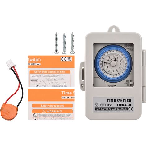 Minuterie mécanique 24 heures Indice IP53 Boîtier électrique programmable AC 100-240 V Intervalle de 15 minutes 96 fois marche/arrêt avec trou de montage Couvercle étanche à la poussière (1/5)