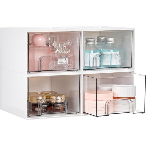 Lot de 4 petits tiroirs de rangement empilables, organiseurs de maquillage de salle de bain, bacs de rangement en plastique pour coiffeuse, sous-évier, armoires de cuisine, garde-manger (1/5)
