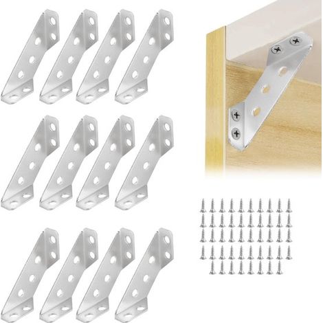 Set di 12 connettori angolari per mobili, angoli rinforzati, viti incluse, staffe triangolari per un fissaggio sicuro, acciaio inox, per mensole, armadi, tavoli (1/5)