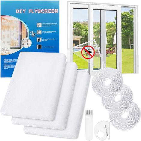 Moustiquaire Fenetre Sans Percage, Lot de 3 130 150cm Moustiquaire pour Fenêtre, Filet Anti-Insectes Recoupable, avec 3 Bande Auto-Agrippante Ruban Adhésif, Découpeur, Outil de Pression (1/5)