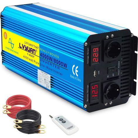 Convertisseur de Tension 4000W /8000W 12 V 230 V Onduleur sinusoïdal Pur Télécommande 2 LED Power Inverter 2 Prises et USB (1/5)