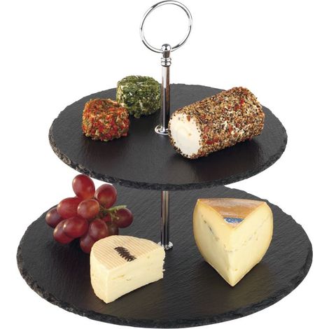 APS etagere a 2 livelli, piatti in ardesia Ø 25 cm, Ø 20 cm, H: 24 cm, metallo cromato (1/4)