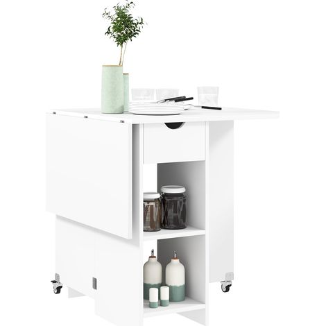 Klappbarer Esstisch Mobiler Küchentisch für 2-4 Personen mit Offenen Ablagen, 1 Schublade, Klapptisch für Kleine Räume, Esszimmer 114,5 x 70 x 75 cm, Weiß