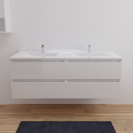 Meuble double vasque 140 cm – Plan double vasque en résine – 4 tiroirs MDF laqué blanc – Fixation murale incluse – Arlequin (1/4)