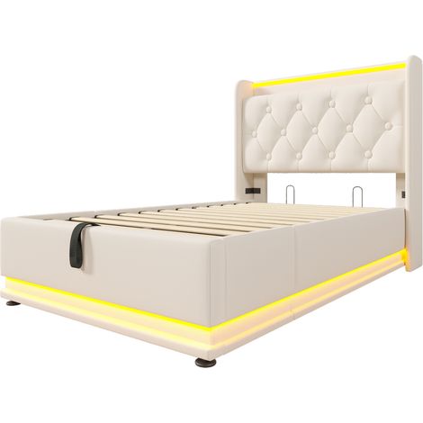 Letto singolo capitonné 90x200 cm con LED 360°, vano idraulico, USB-C, bianco, MODENUIT (1/5)