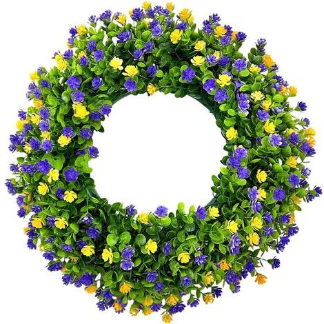 Wiederverwendbarer künstlicher Blumenkranz aus Eukalyptus, künstlichem Grün und bunten Blumen – ideal für Partys, Hochzeiten, als Dekoration für die Haustür und (1/5)