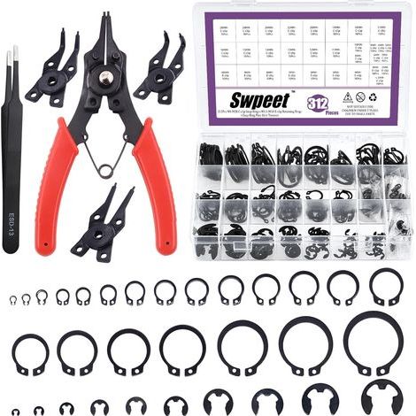 Set mit 312 4-in-1-Clips aus Stahllegierung (M4–M28 mm), Außensicherungsringen und E-Clip-Sicherungsringen (1,5 mm bis 10 mm), inklusive Pinzetten-Set zur Reparatur von Stiftclips (1/5)