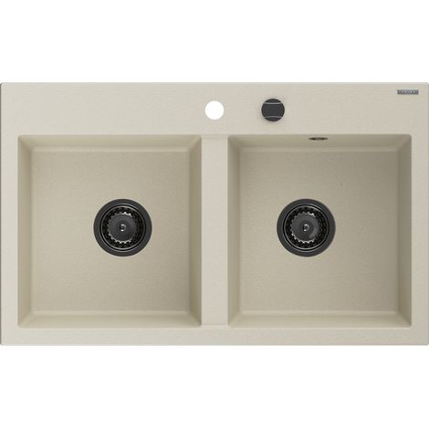 Mexen Hektor lavello in granito a 2 vasche 800 x 480 mm, beige, sifone nero - 6521802000-69-B (1/5)