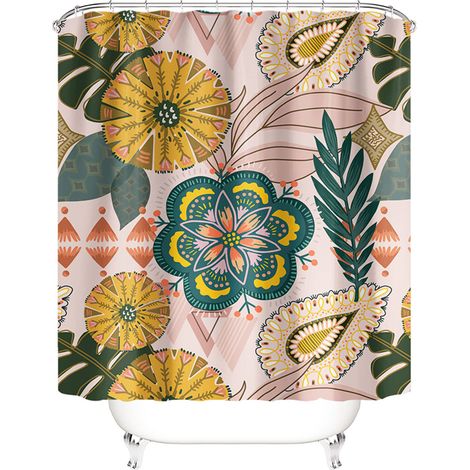 Duschvorhang im Bohème-Stil mit floralen und botanischen Mustern, modern-abstrakt, tropischen Blumen und Blättern, wasserdichtes Material mit Haken.../