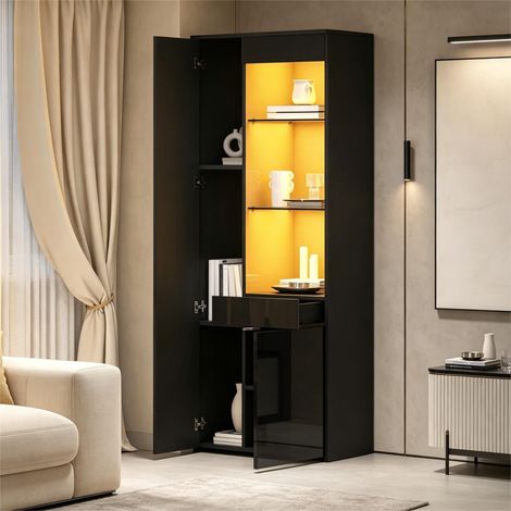 Vetrina con 2 Ante, 1 Cassetto e Ripiani in Vetro Temperato, LED Regolabile, per Soggiorno, Nera, 70 × 35 × 180 cm (1/5)