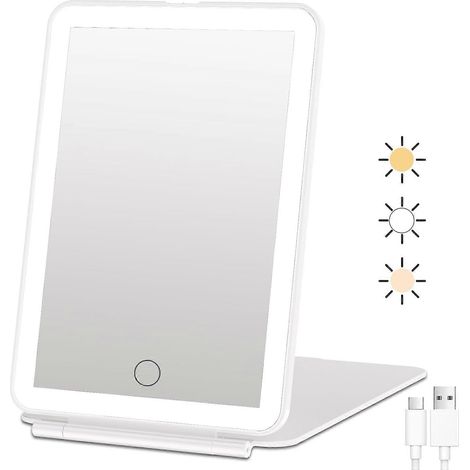 Miroir de maquillage rechargeable pour les voyages, 3 modes de couleur, écran tactile à luminosité réglable, miroir cosmétique LED avec éclairage de table (1/5)
