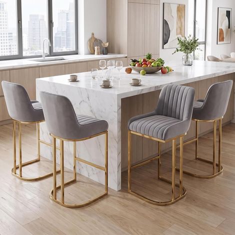 Wahson Tabouret de Bar en Velours Chaise Bar Pied Doré Tabouret Bar Lot de 4 Chaise de Bar avec Coussin Épais Pour Cuisine/bar, Gris