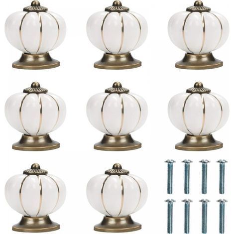 (Pack of 8) - 3.6 x 3.9 cm - White and Gold Ceramic Furniture Knob with Screws in Pumpkin Shape Vintage Round Furniture Knob - for Home, Office, Kitchen Cabinet, Drawers and Cupboard (1/5)