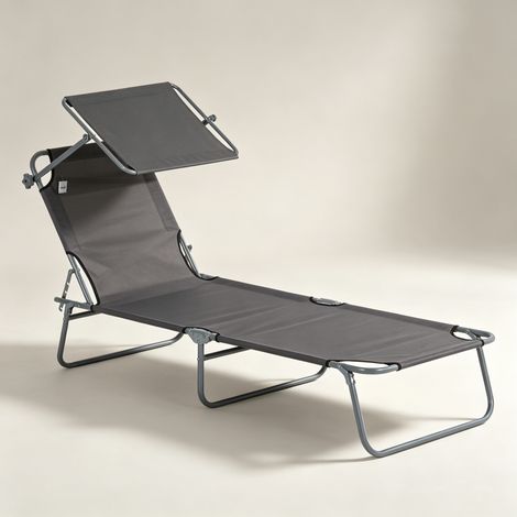 Transat de soleil pliable avec pare-soleil orientable à 5 positions –Charge 120 kg – 187 x 58 x 36 cm – Pour jardin terrasse plage camping – Gris (1/5)