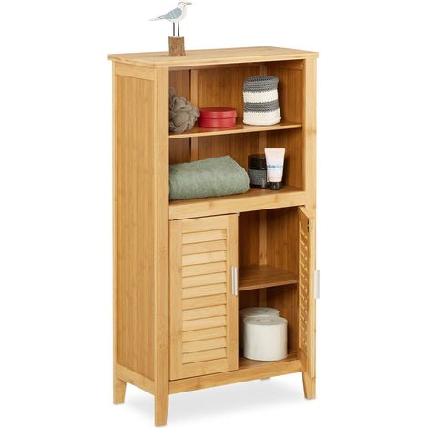 Armoire 2 portes en lames ajourées salle de bain Étagère couloir bambou Table de téléphone 92 x 50 x 25 cm, nature (1/5)