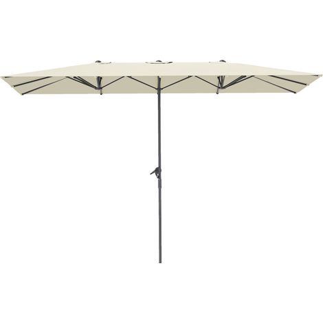 Parasol double face 451x264 cm avec manivelle, 12 entretoises métalliques, poteau aluminium blanc crème