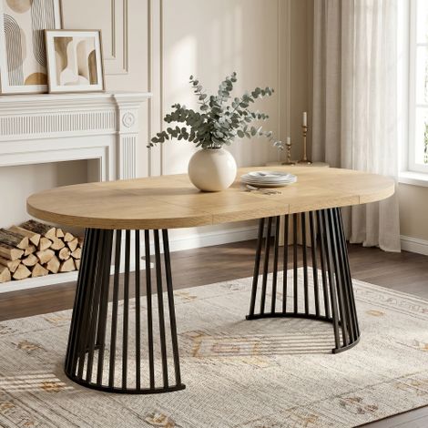 Table à manger extensible (100/138/176 x 100 cm) pour 4 à 8 personnes mécanisme d'extension à deux niveaux, plateau robuste et style minimaliste finition couleur chêne avec détails noirs. (1/5)