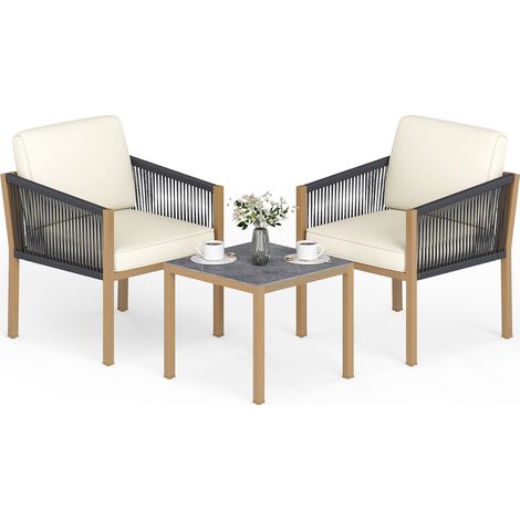 Ensemble Salon de Jardin 3 Pièces, Ensemble de Bistro d'Extérieur en Corde Tressée avec Coussins, Table et Chaises d'Extérieur pour Véranda, Balcon (1/5)