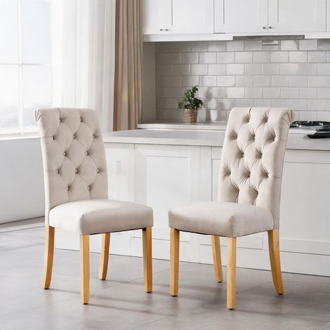 Ensemble de 2 chaises en velours beige avec pieds en chêne (1/5)