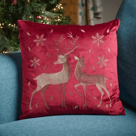45 x 45cm Soft Fabric Christmas Reindeer Chair Cushion in Ruby Red (1/4)