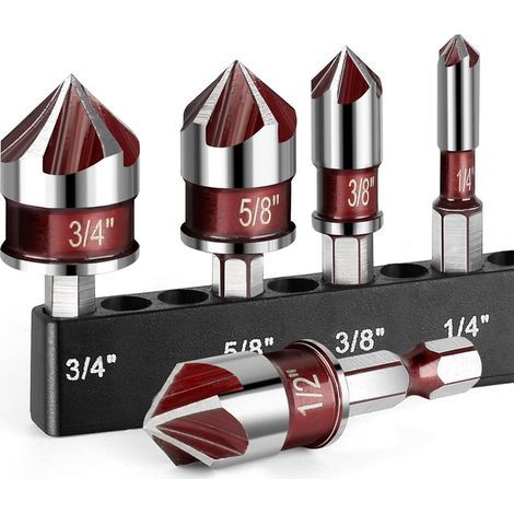 Set of 5 Drill Bits, Premium 82-Degree Countersunk Bit, 5 Flutes, Quick-Change Hex Shank, 1/4 to 3/4 Inch, for Wood, Metal, and Plastic (1/5)