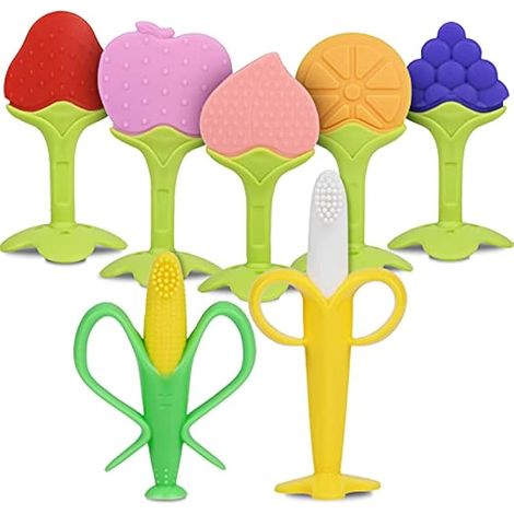 Jouets de dentition bébé, 7 pièces en silicone, brosse à dents d'apprentissage, anneau de dentition à mâcher, set d'auto-apaisement bio, cadeau de naissance pour nourrisson