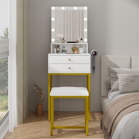 Puluomis – Coiffeuse enfant avec miroir LED 10 lumières – Éclairage tricolore dimmable – 2 tiroirs et étagère ouverte – Finition dorée et blanche (1/5)