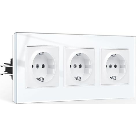 Triple prise encastrée avec griffes, prise Schuko, vitre en verre trempé, contact de protection blanc, prise murale, 3 compartiments, 16 A, 250 V (1/5)
