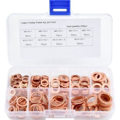 200 Pcs Rondelles en Cuivre Assortiment Kit, Rondelles Metal pour Gonds de Porte, Joint Rondelle Plate, Bagues D'étanchéité, (1/4)