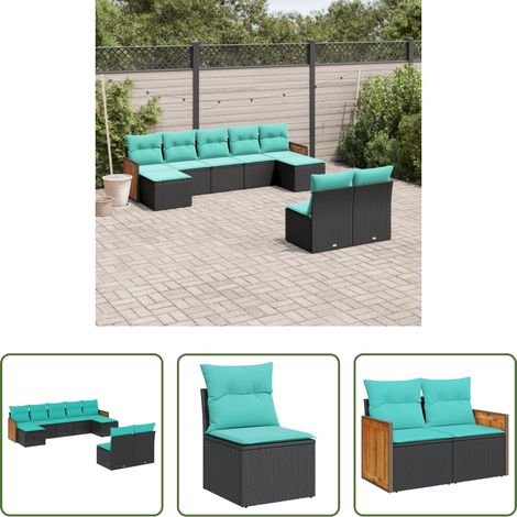 Gartenmöbel -  9-teiliges Gartensofa-Set mit Kissen, schwarzes Polyrattan (1/5)
