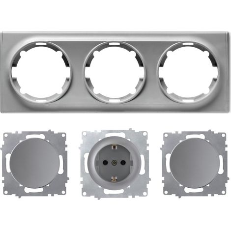 Plaque de finition 3 postes Florence + 1 Prise avec terre + 2 Interrupteurs simples - gris