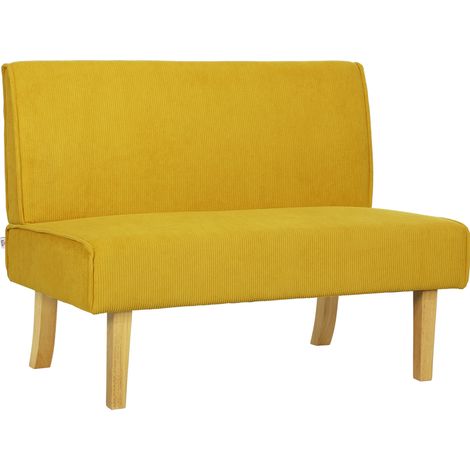 Canapé 2 places en velours côtelé jaune avec pieds en bois, 110 x 62 x 85 cm (1/5)