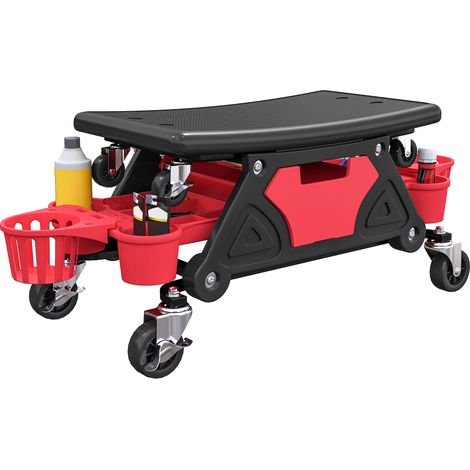 Rolling Mechanic Stool, 135kg Capacity Workshop Stool with 360° Swivel Wheels, Roller Creeper Seat with Slide Out Tool Trays, Drawer, Bottle Holders for Garage, Shop, Auto Repair, Red