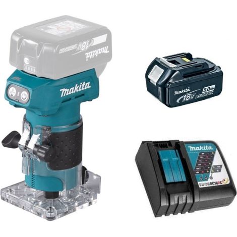 Makita – Affleureuse 18V DRT52RT1 – Moteur Brushless – Vitesse 30000 tr/min – Pour fraisage bois dur et contreplaqué – 1 x 5.0Ah Batterie + chargeur