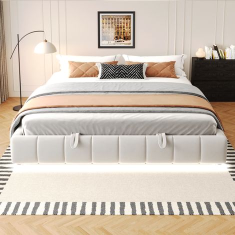 Gutent – Lit rembourré 180 x 200 cm sans tête de lit – Bande lumineuse LED – Capacité de charge 300 kg – Tissu velours beige (1/4)