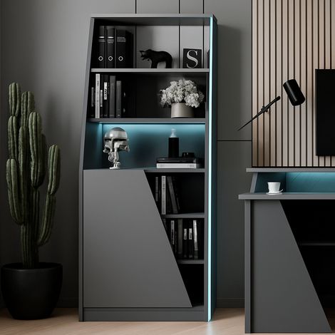 Bibliothèque Avena, 5 Étagères, Une Porte, 34.3x71.7x184.5h cm Noir (1/5)