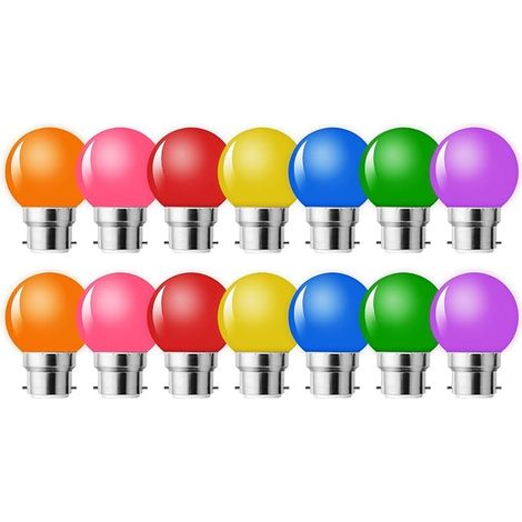 Lot de 14 Ampoule LED Couleur B22 Baïonnette,Ampoule Guirlande Exterieure,Ampoules B22 LED 2W G45,Multi Colore,Rouge Jaune Bleu Vert Orange Rose Violet,Chaîne,Veilleuse (1/4)