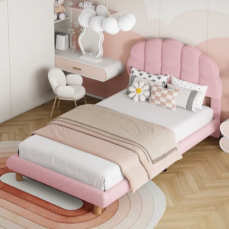 Letto singolo 90x200 cm, tessuto felpato, testiera imbottita, giroletto, rete a doghe, letto per bambini, letto per ragazzi e ragazze, Rosa (1/5)