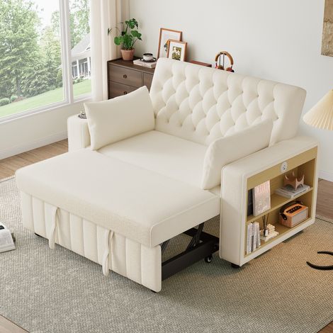 Sofá cama con almacenaje, respaldo ajustable en 3 posiciones, portavasos, puerto USB y 2 cojines, ideal para salón o dormitorio, color beige (1/5)