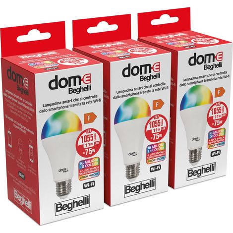 Beghelli - DOME-E Lampadina Wifi Led E27, Lampadina Led a Goccia 11W, 1055lm, Multicolor, 3 Blister (1/5)