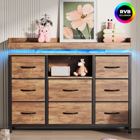 Cassettiera 110 cm con 8 cassetti in tessuto, mobile contenitore con piano rialzato, ripiano, LED e porte USB/Type-C, mobile multifunzione per camera e soggiorno - Colore naturale