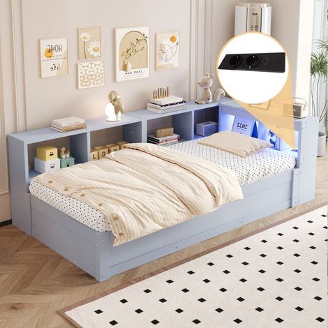 Lit banquette 90 x 190 cm rembourré beige, canapé-lit multifonction avec coffre hydraulique, LED, prises, étagères et rangements chambre (1/5)