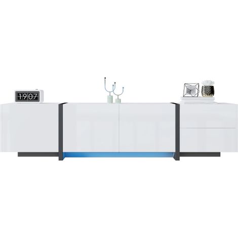 Meuble TV / banc TV — un meuble blanc haute brillance aux pieds noirs contrastants, doté de portes et de tiroirs aux lignes épurées.