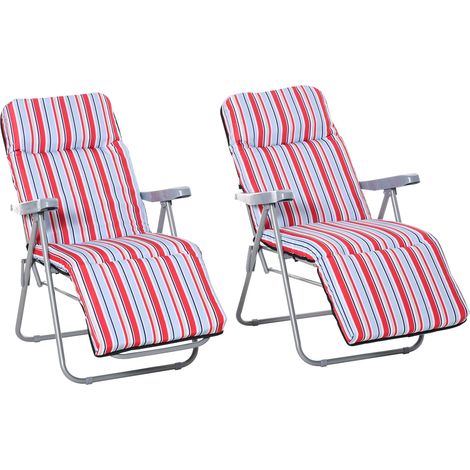 Outsunny Set of 2 Adjustable Sun Lounger Recliner Reclining Seat Red & White