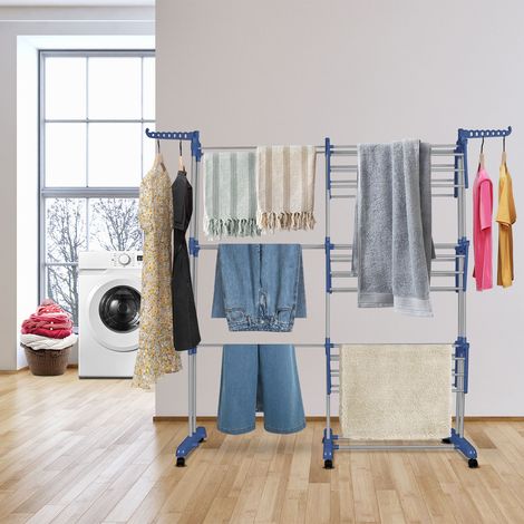 Etendoir pliable, Séchoir à linge, Etendoir à linge rétractable, Séchoirs PP en plastique, Séchoir à linge à roulettes, Etendoir a linge exterieur, Bleu gris (1/5)