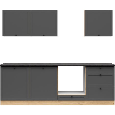 Cuisine complète 240 cm,Ensemble de meuble de cuisine coloris Chêne Bernstein / Graphite , plan de travail coloris Ardoise métallisée noir-or (1/5)