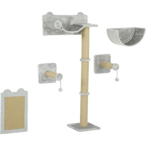 Mur d’escalade pour chat 5 pièces avec griffoir et hamac, gris clair, installation pratique (1/5)