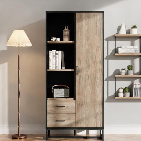 Meuble haut de rangement 80 x 40 x 180 cm aspect bois cadre noir (1/5)